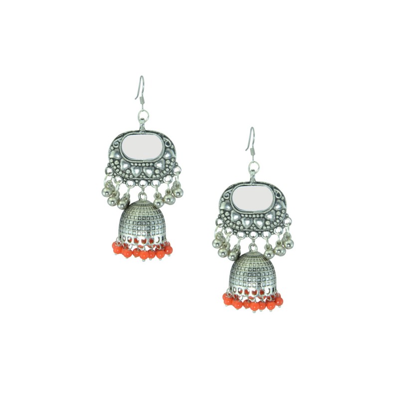 Oxidized Silver Plated  Earring With Multiple Orange Pearls